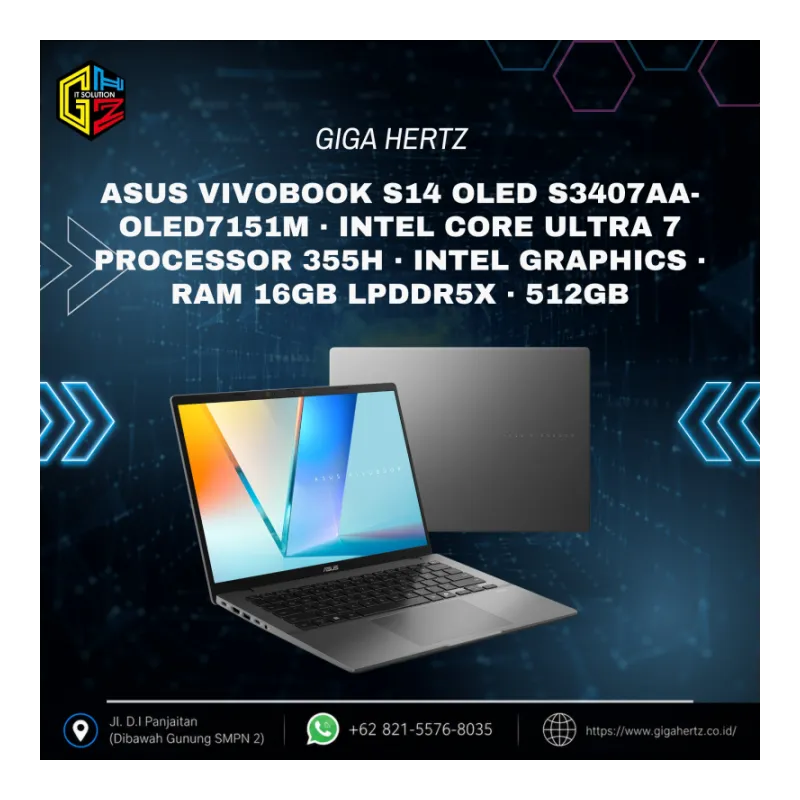 Asus Vivobook S14 oled S3407AA-OLED7151M · Intel Core Ultra 7 Processor 355H · Intel Graphics · RAM 16GB LPDDR5X · 512GB