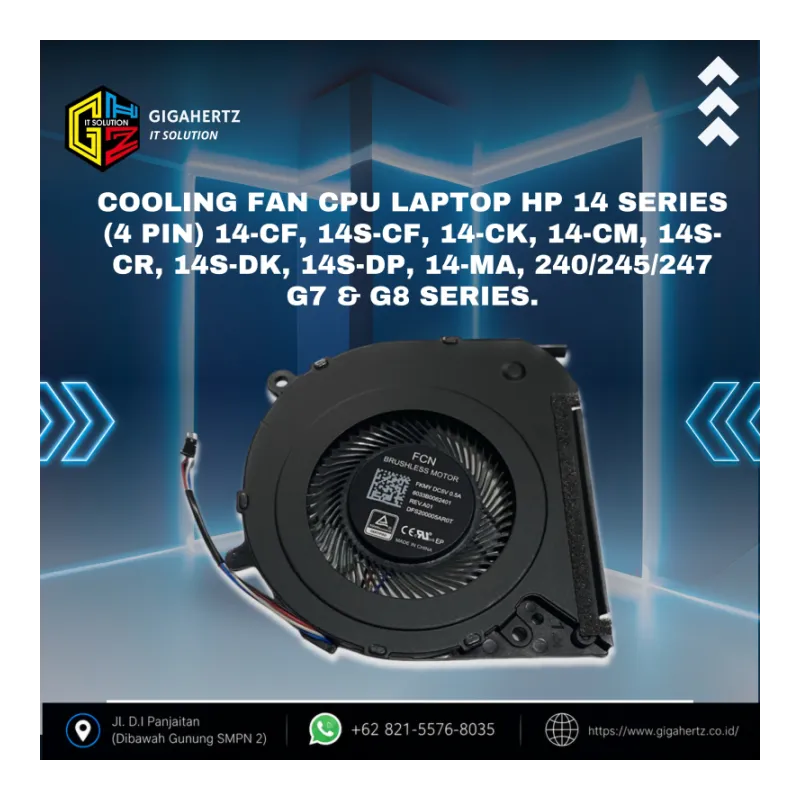 Cooling Fan CPU Laptop HP 14 Series (4 Pin) 14-CF, 14S-CF, 14-CK, 14-CM, 14S-CR, 14S-DK, 14S-DP, 14-MA, 240/245/247 G7 & G8 Series.
