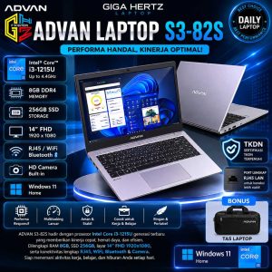 ADVAN LAPTOP S3-82S TKDN Intel Core i3-1215U RAM 8GB SSD 256GB Layar 14" FHD 1920x1080 RJ45 / WiFi / Bluetooth / Camera Windows 11 Home