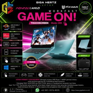 ADVAN PIXWAR T TOUCHSCREEN AMD Ryzen 7 6800H RAM 16GB SSD 512GB Layar 15.6" Touchscreen Windows 11 Warna Cyan