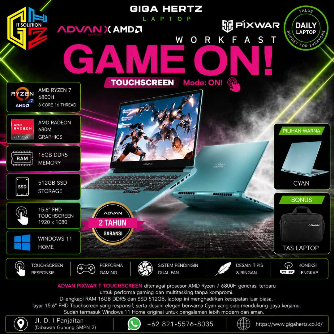 ADVAN PIXWAR T TOUCHSCREEN AMD Ryzen 7 6800H RAM 16GB SSD 512GB Layar 15.6" Touchscreen Windows 11 Warna Cyan