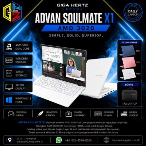 ADVAN SOULMATE X1 AMD 3020 RAM 4GB DDR4 Storage 128GB Layar 14" Windows 11 Warna Biru, Pink, White Bonus Tas