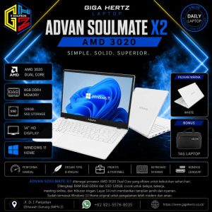 ADVAN SOULMATE X2 AMD 3020 RAM 8GB DDR4 SSD 128GB Layar 14" Windows 11 Warna White Bonus Tas