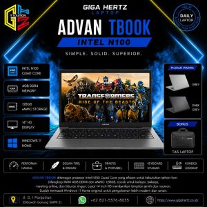 ADVAN TBOOK Intel N100 RAM 4GB eMMC 128GB Layar 14" HD Windows 11 Warna Grey & Dark Grey Bonus Tas