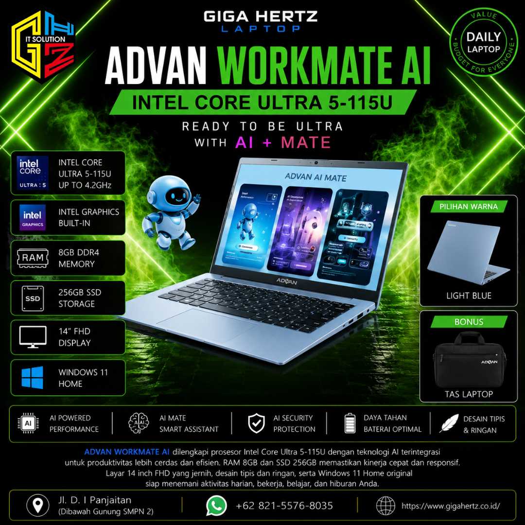 ADVAN WORKMATE AI Intel Core Ultra 5-115U Intel Graphics RAM 8GB SSD 256GB Layar 14" FHD Windows 11 Warna Light Blue