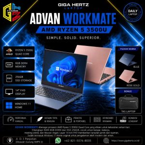 ADVAN WORKMATE AMD Ryzen 5 3500U RAM 8GB SSD 256GB Layar 14" FHD Windows 11 Warna Blue & Rose Gold Bonus Tas