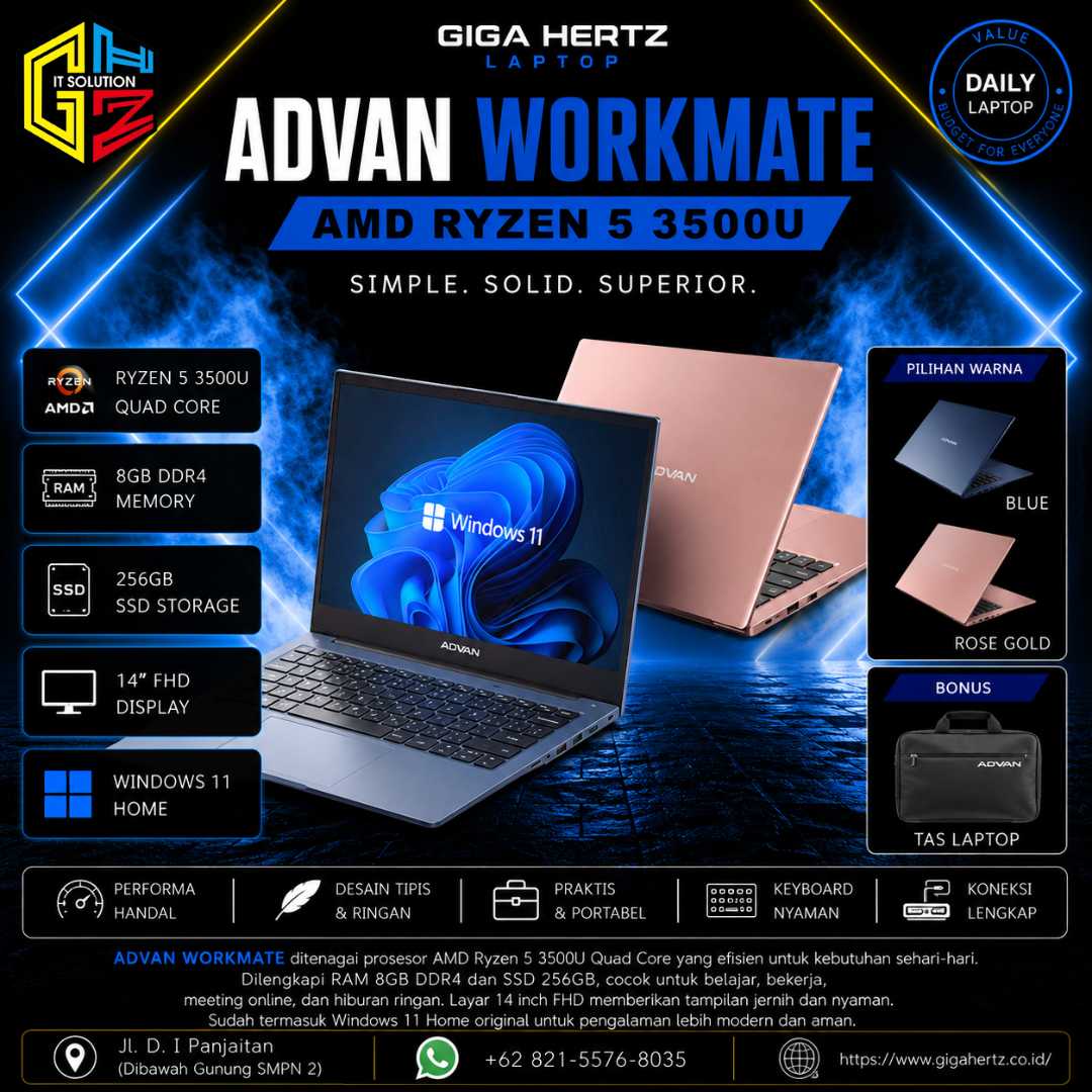 ADVAN WORKMATE AMD Ryzen 5 3500U RAM 8GB SSD 256GB Layar 14" FHD Windows 11 Warna Blue & Rose Gold Bonus Tas