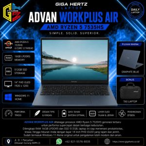 ADVAN WORKPLUS AIR AMD Ryzen 5 7535HS RAM 16GB LPDDR5 SSD 512GB Layar 14" FHD OLED 1920x1200 Windows 11 Warna Graphite Blue