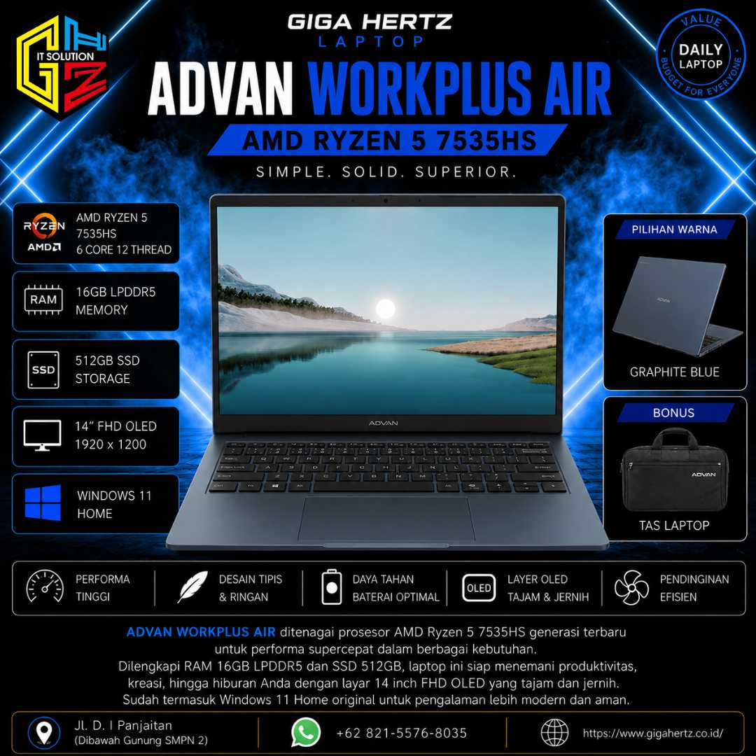 ADVAN WORKPLUS AIR AMD Ryzen 5 7535HS RAM 16GB LPDDR5 SSD 512GB Layar 14" FHD OLED 1920x1200 Windows 11 Warna Graphite Blue