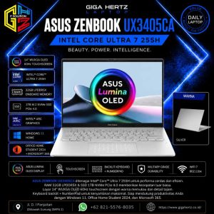 ASUS ZENBOOK UX3405CA OLED Intel Core Ultra 7 255H RAM 32GB LPDDR5X SSD 1TB M.2 NVMe PCIe 4.0 Intel Arc Graphics Backlit Keyboard + NumberPad Layar 14" WUXGA OLED 60Hz Touchscreen Windows 11 + OHS 2024 + Microsoft 365 Warna Silver