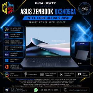 ASUS ZENBOOK UX3405CA OLED Intel Core Ultra 9 285H RAM 32GB LPDDR5X SSD 1TB M.2 NVMe PCIe 4.0 intel Arc Graphics Layar 14" OLED Touchscreen Windows 11 + OHS 2024 + Microsoft 365 Warna Blue