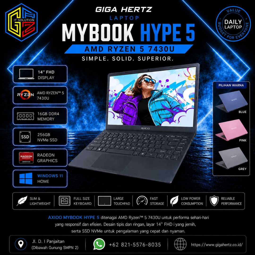 AXIOO MYBOOK HYPE 5 AMD RYZEN 5 7430U WIN 11 RAM 16GB DDR4 / SSD 256GB NVME / Radeon Graphics / Layar 14” FHD