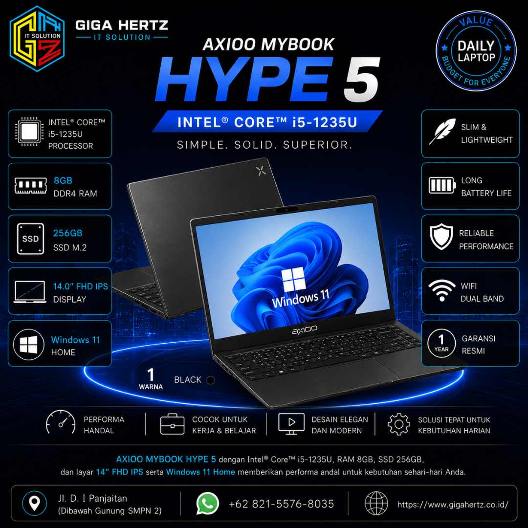 AXIOO MYBOOK HYPE 5 i5-1235U WIN 11 RAM 8GB / SSD 256GB / Layar 14” FHD IPS Warna Black