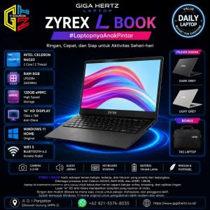 ZYREX L BOOK Intel N4020 RAM 8GB eMMC 128GB Layar 14" Windows 11 Warna Dark Grey & Light Grey