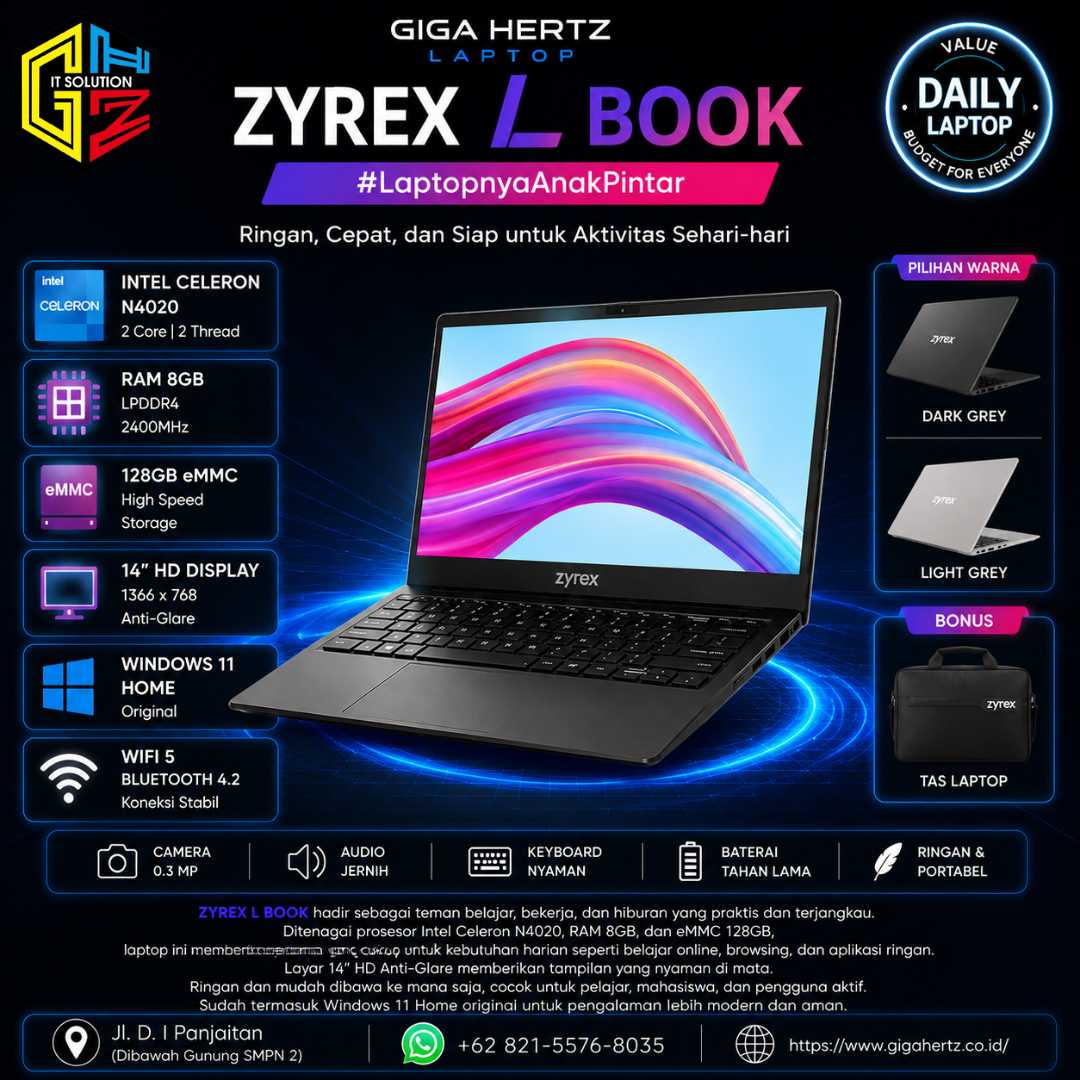 ZYREX L BOOK Intel N4020 RAM 8GB eMMC 128GB Layar 14" Windows 11 Warna Dark Grey & Light Grey